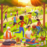 People enjoying healthy activities outdoors, sun shining brightly, someone laughing, spicy foods, and an acupuncture session.