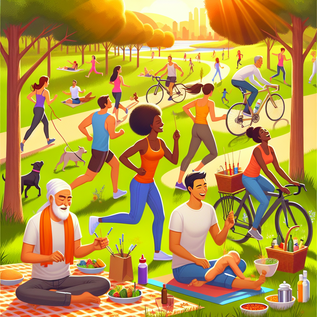 People enjoying healthy activities outdoors, sun shining brightly, someone laughing, spicy foods, and an acupuncture session.