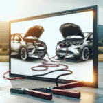 A car with jumper cables connected to another car in a safe, open area during daylight