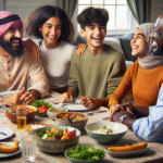 A happy family having a conversation around a dinner table, depicting warmth and communication.