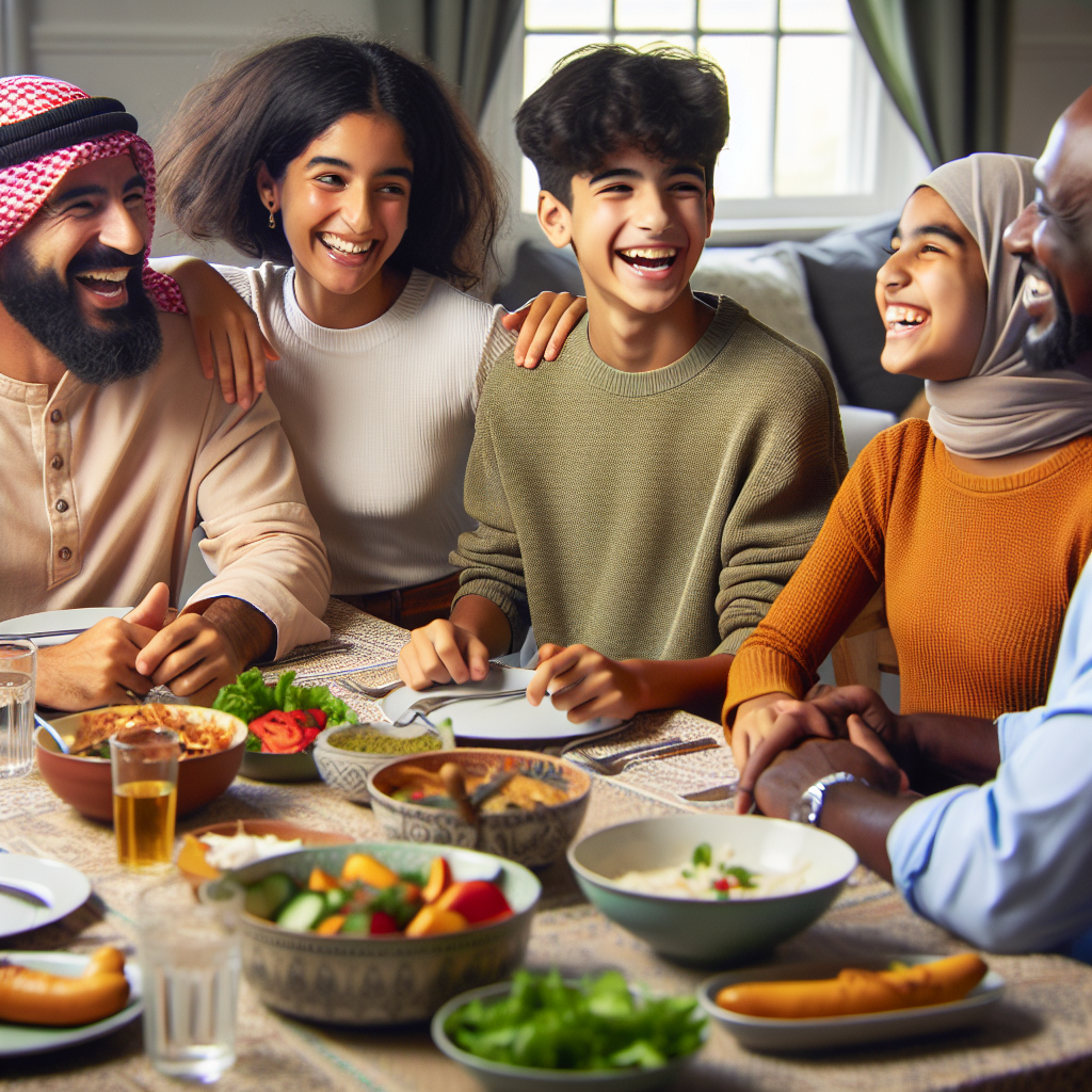 A happy family having a conversation around a dinner table, depicting warmth and communication.