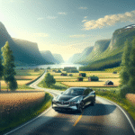A stylish car on a road with Scandinavian scenery, emphasizing the idea of importing a vehicle from Sweden to Norway.