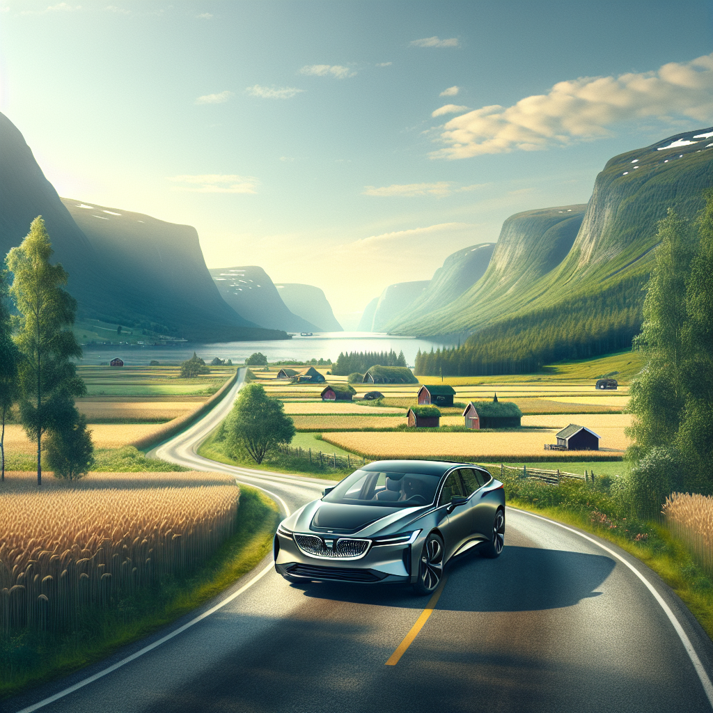 A stylish car on a road with Scandinavian scenery, emphasizing the idea of importing a vehicle from Sweden to Norway.