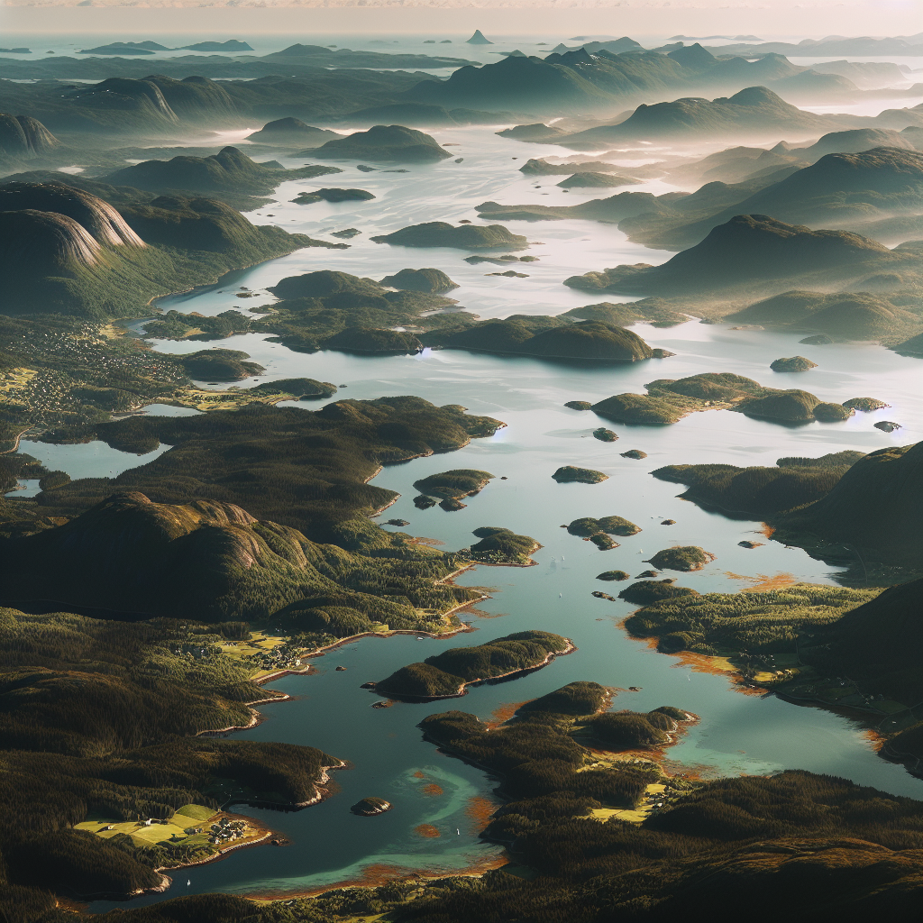 Luftfoto av variert norsk landskap: kystviker, små øyer, grønne daler og et skogkledd åslandskap i mykt dagslys