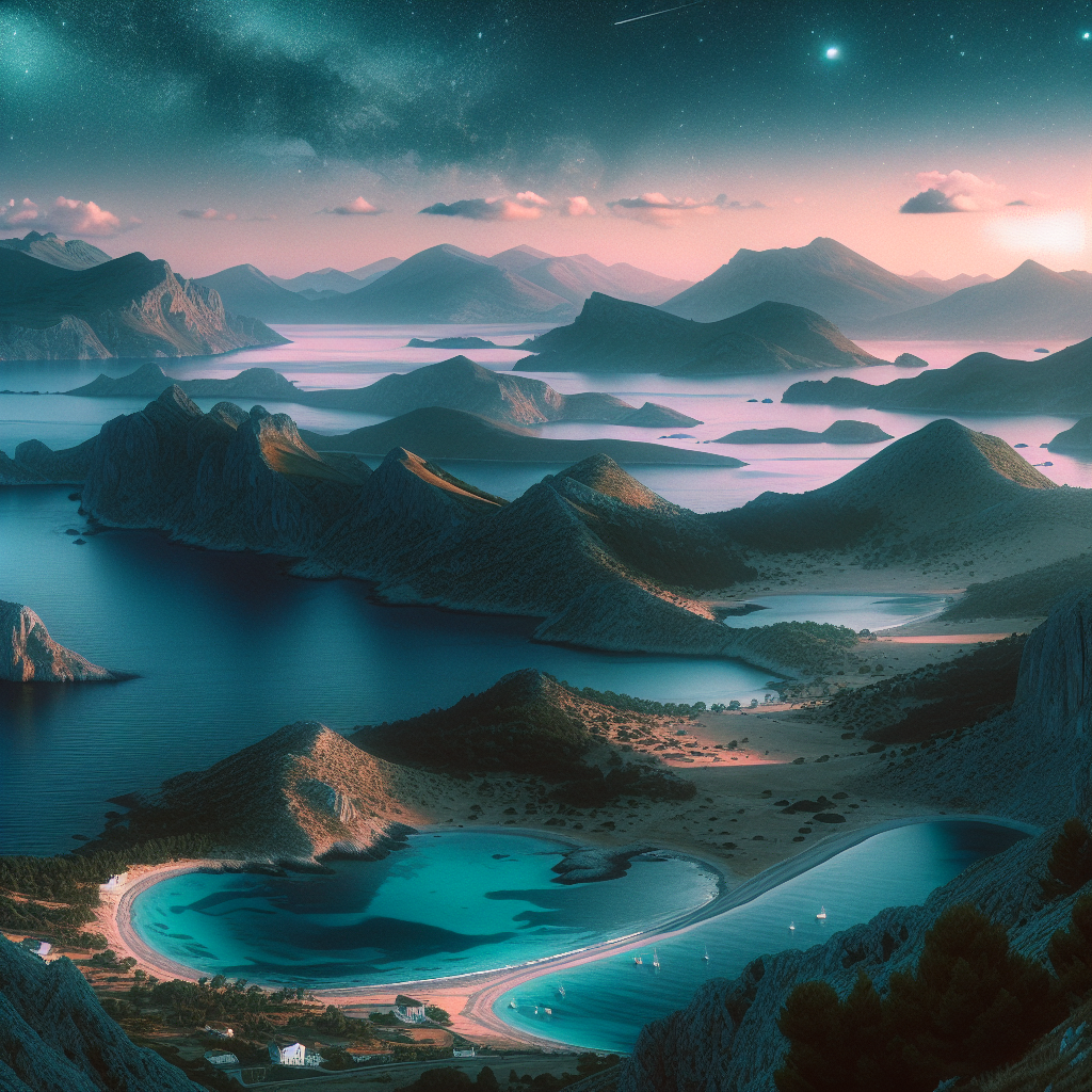 Panoramabilde av europeisk kystlinje med fjell i bakgrunnen og stjernehimmel over, rolige farger, bærekraftig reisefølelse, høy oppløsning