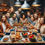 Vennlig gruppe rundt et bord med brettspill og snacks, varm stemning, blanding av digitale enheter og tradisjonelle spill, moderne og koselig belysning