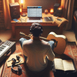 Oversiktsbilde av en person som øver på gitar i et koselig rom, med hodetelefoner, notatbok og en laptop med musikkapper på skjermen, varm belysning