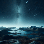 Bred nordisk landskap med fjell og kyst under en klar stjernehimmel, synlige meteorsvermer over horisonten, realistisk fotografisk stil, høy oppløsning
