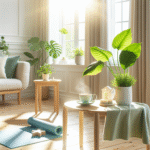 Lys og innbydende norsk hjem med grønn plante, morgenlys gjennom vindu, en kopp te på bordet og en yogamatte ved siden av, rolig og frisk atmosfære