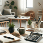 Oversiktlig nordisk hjemmekontor med kalkulator, notatbok, kopp kaffe og grønn plante; varm, ren stil som symboliserer kontroll over privatøkonomi