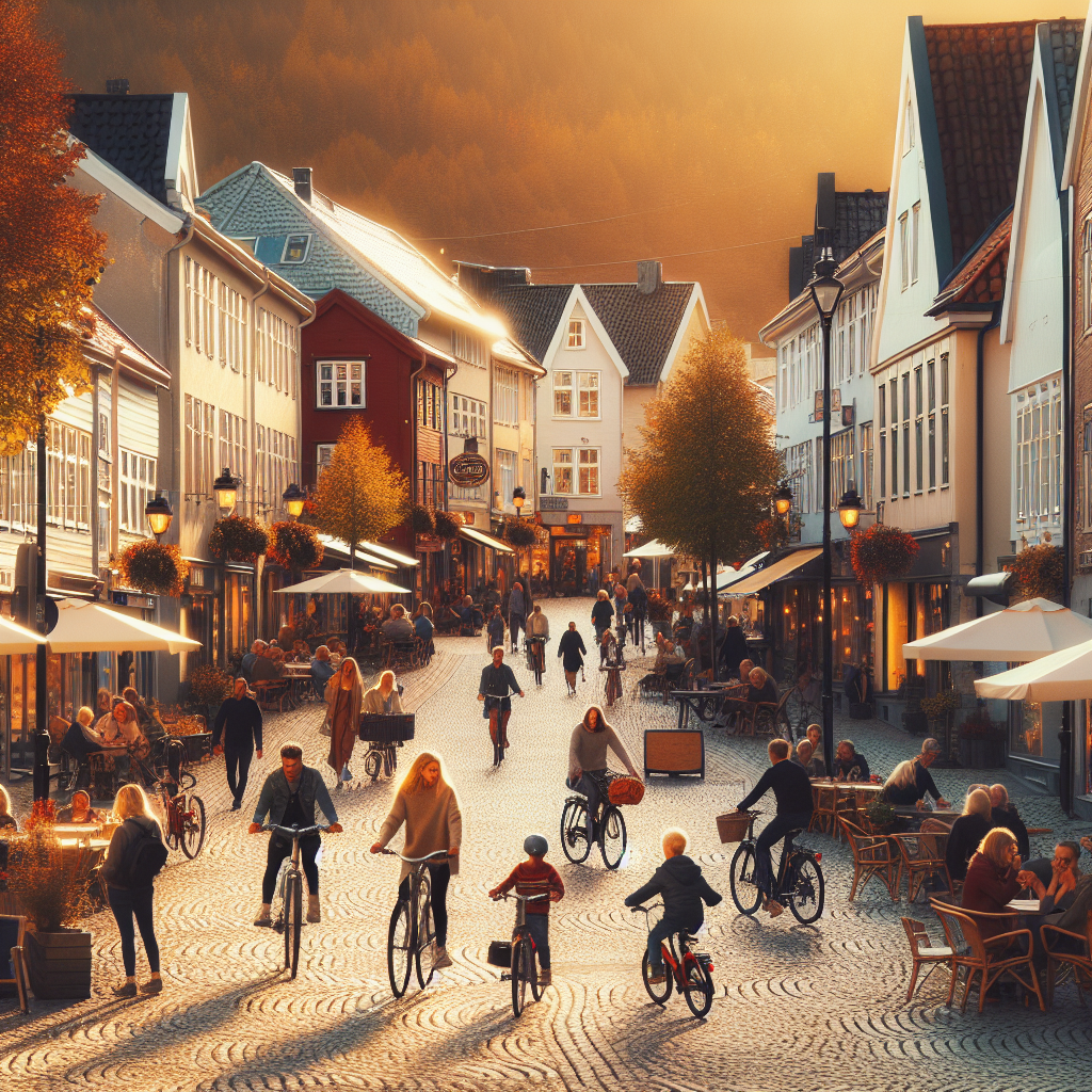Varm, innbydende gate i en norsk småby med brosteinsbelagt torg, lokale kafeer, folk på sykkel og lett høstlys